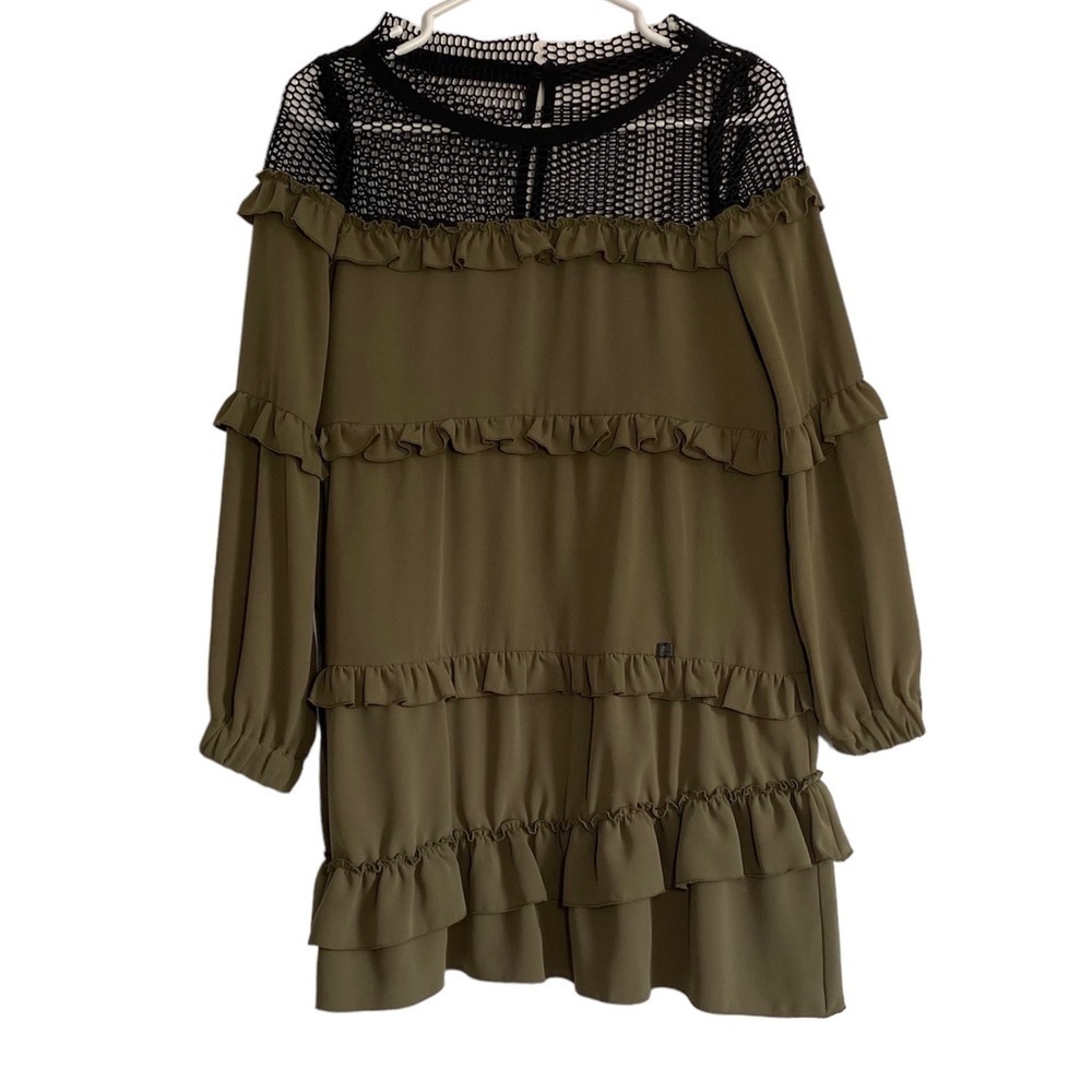 David Naman Italian Designer Green Mini Ruffle Dress with Mesh and Long Sleeves